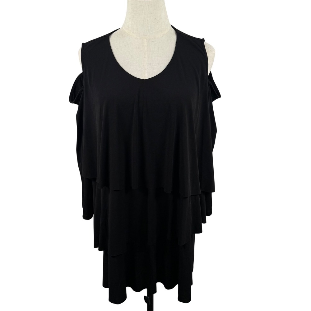 Susan Graver Womens 1X Cold Shoulder Top Black Tiered Ruffle V-Neck Fairygoth